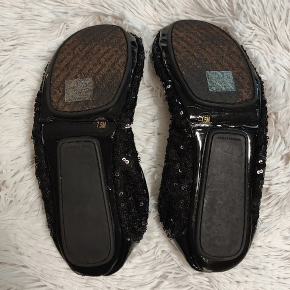 Gianni Bini Sequined Travel Ballet Flats w/ Pouch Black Faux Patent Leather 7.5